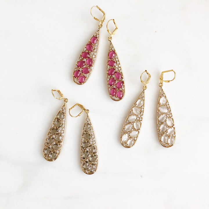Long Teardrop Earrings. Fun Cubic Zirconia Earrings. Gold Dangle Earrings. Grey White and Ruby Pink.
