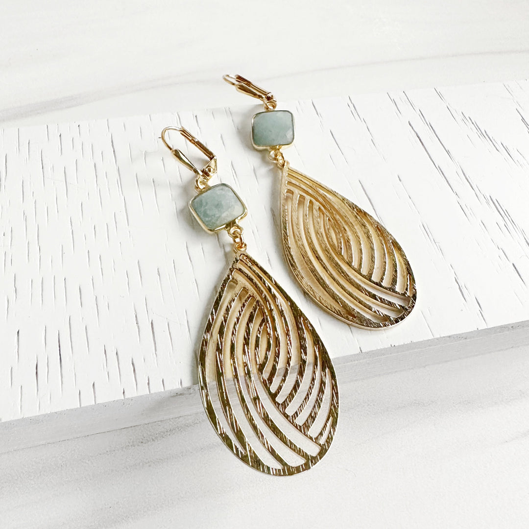 Swirl Teardrop and Aquamarine Statement Earrings in Brushed Brass Gold