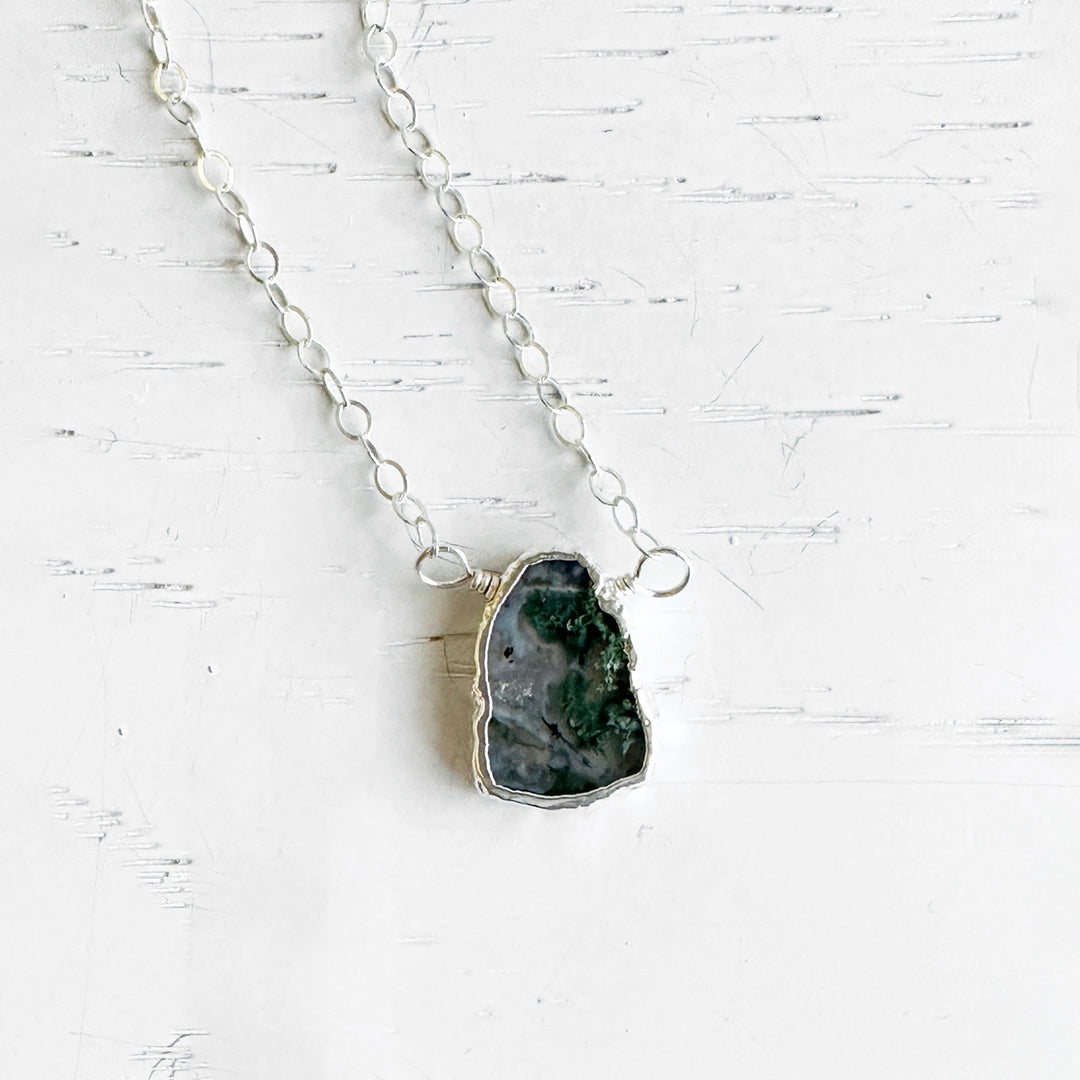 Moss Agate Gemstone Slice Necklace in Sterling Silve