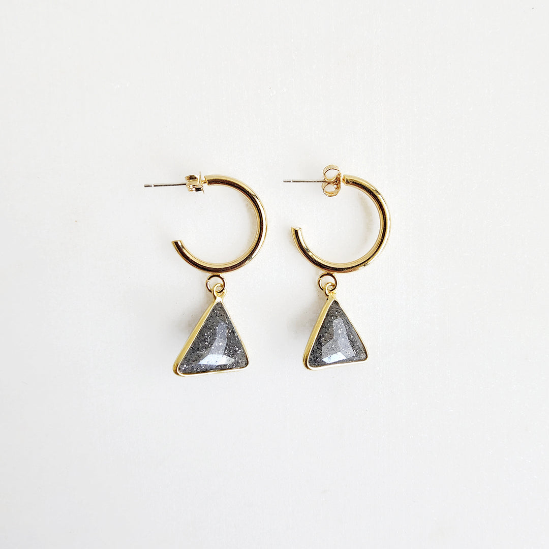 Black Sunstone Triangle Hoop Post Earrings in Gold