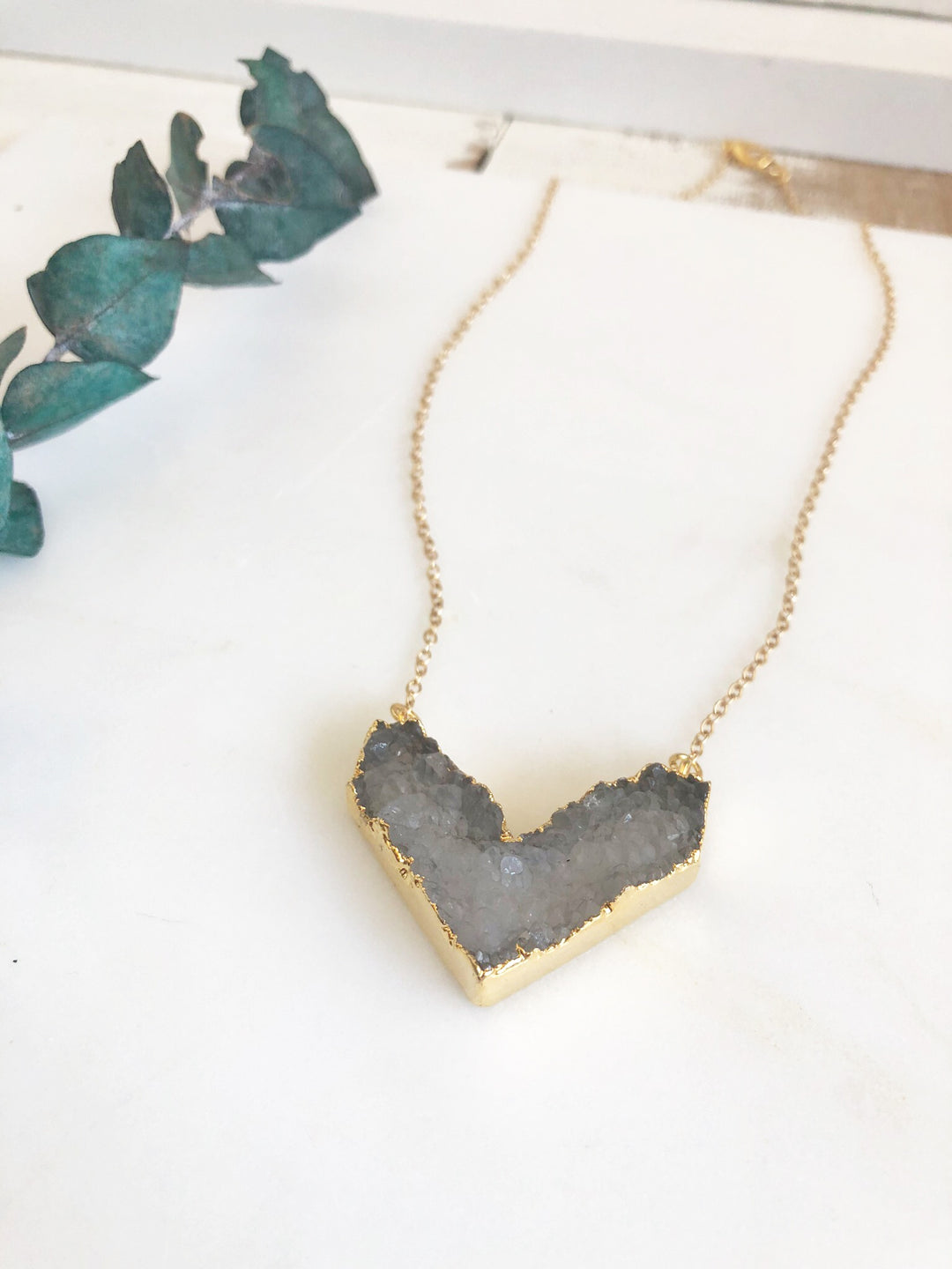 Grey Chevron Druzy Necklace in Gold. Neutral Geode Necklace. Gold Necklace.