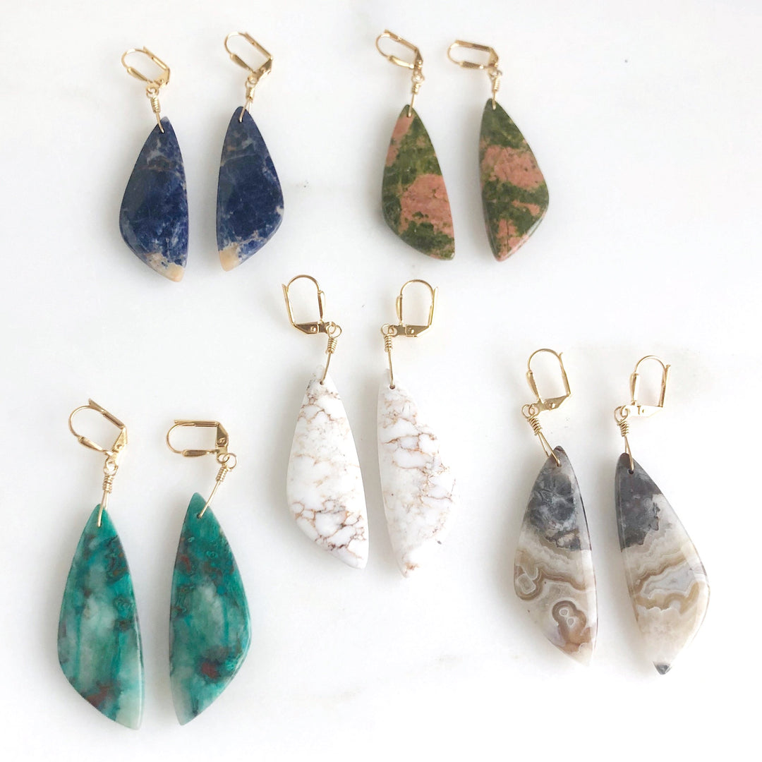 Unique Wing Shape Gemstone Earrings in Sodalite, Unakite, Chrysocolla, Howlite, and Crazy Lace Agate