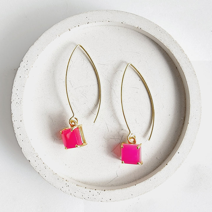 Small Pink Chalcedony Square Drop Earrings in Gold