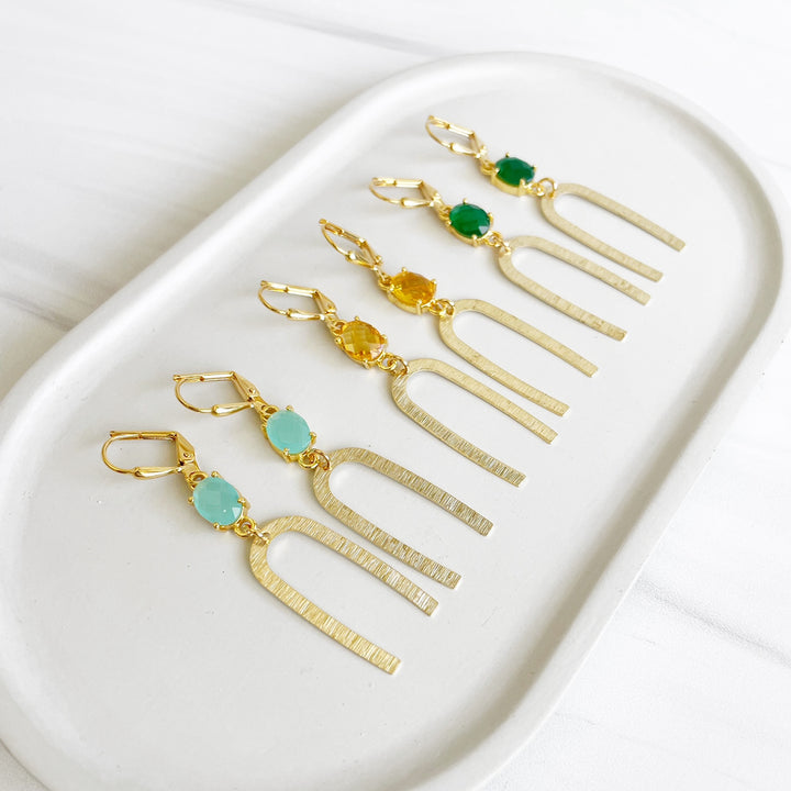 Gold Horseshoe Earrings with Emerald Green Stone