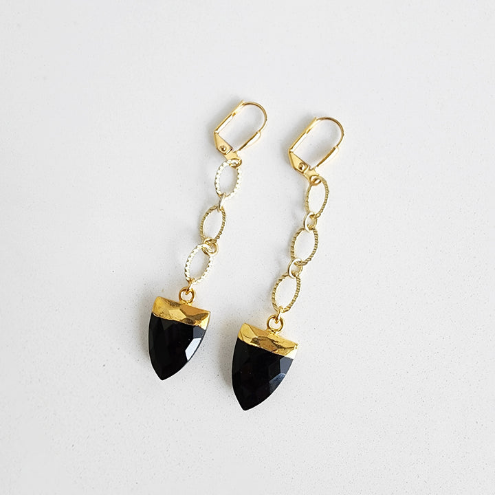Long Black Onyx Earrings with Chunky Chain in Gold