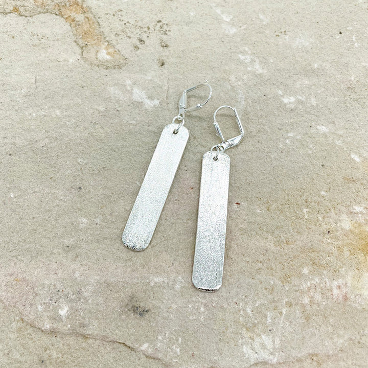 Rounded Rectangle Dangle Earrings in Brushed Silver