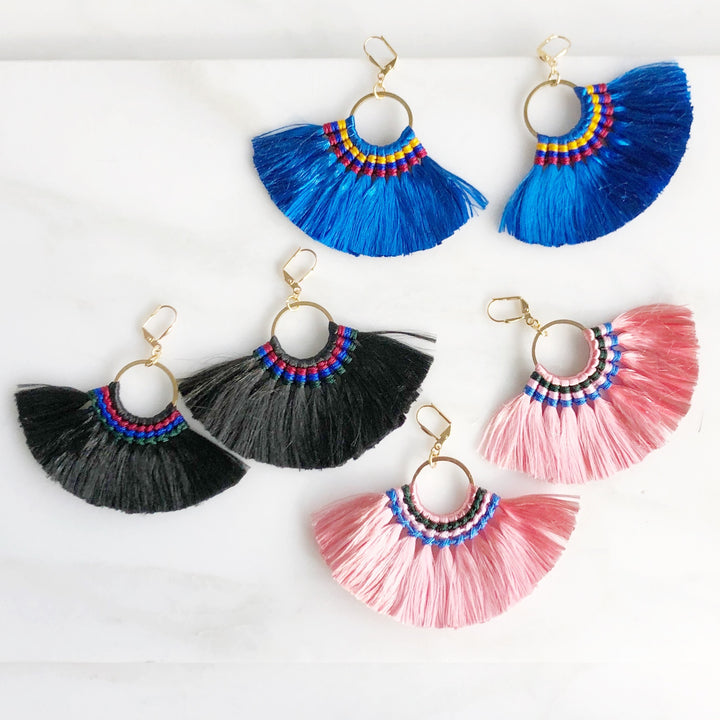 Fan Tassel Earrings - Blue Pink and Black. Statement Dangle Earrings