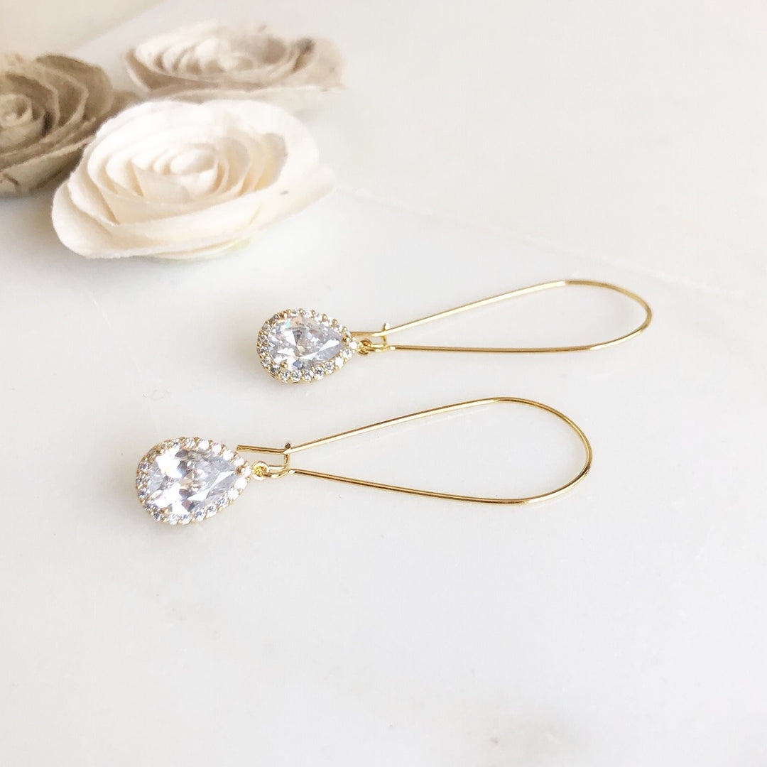 Simple Gold Drop Bridal Earrings. Cubic Zirconia Drop Dangle Earrings in Medium Size