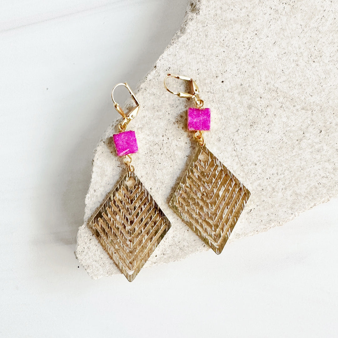 Gold Multiple Chevron Statement Earrings with Hot Pink Fuchsia Druzy Stones