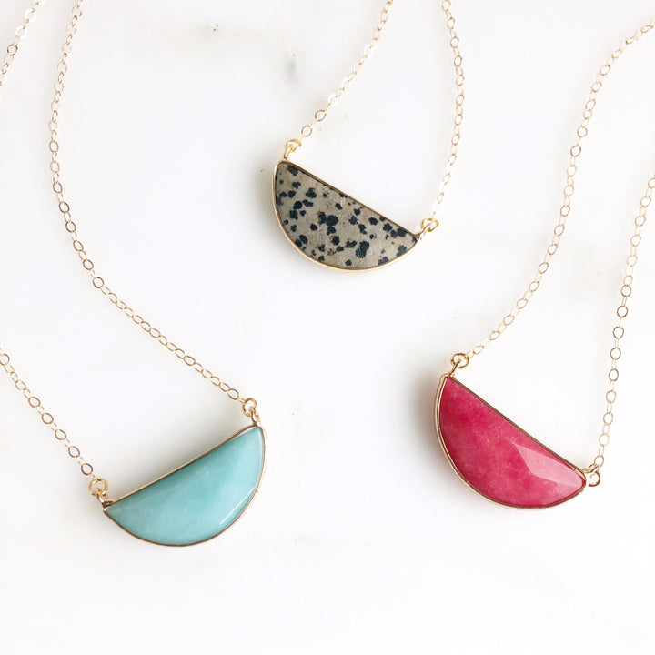 Gemstone Bezel Crescent Necklaces in Dalmation Jasper, Teal Agate, and Pink Chalcedony
