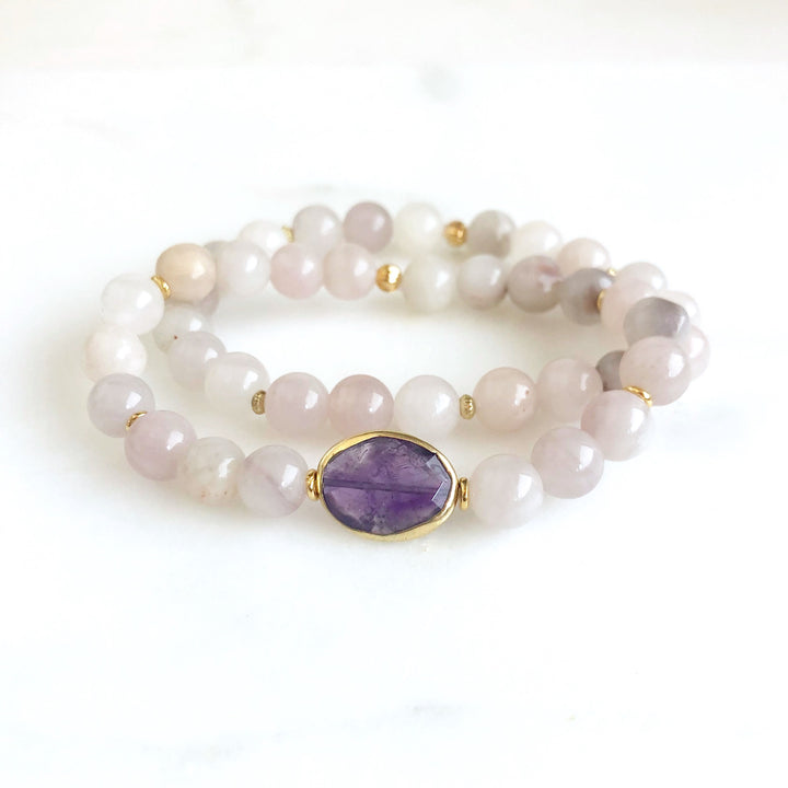 Set of 2 Stretchy Beaded Bracelets with Amethyst and Rose Quartz Beads