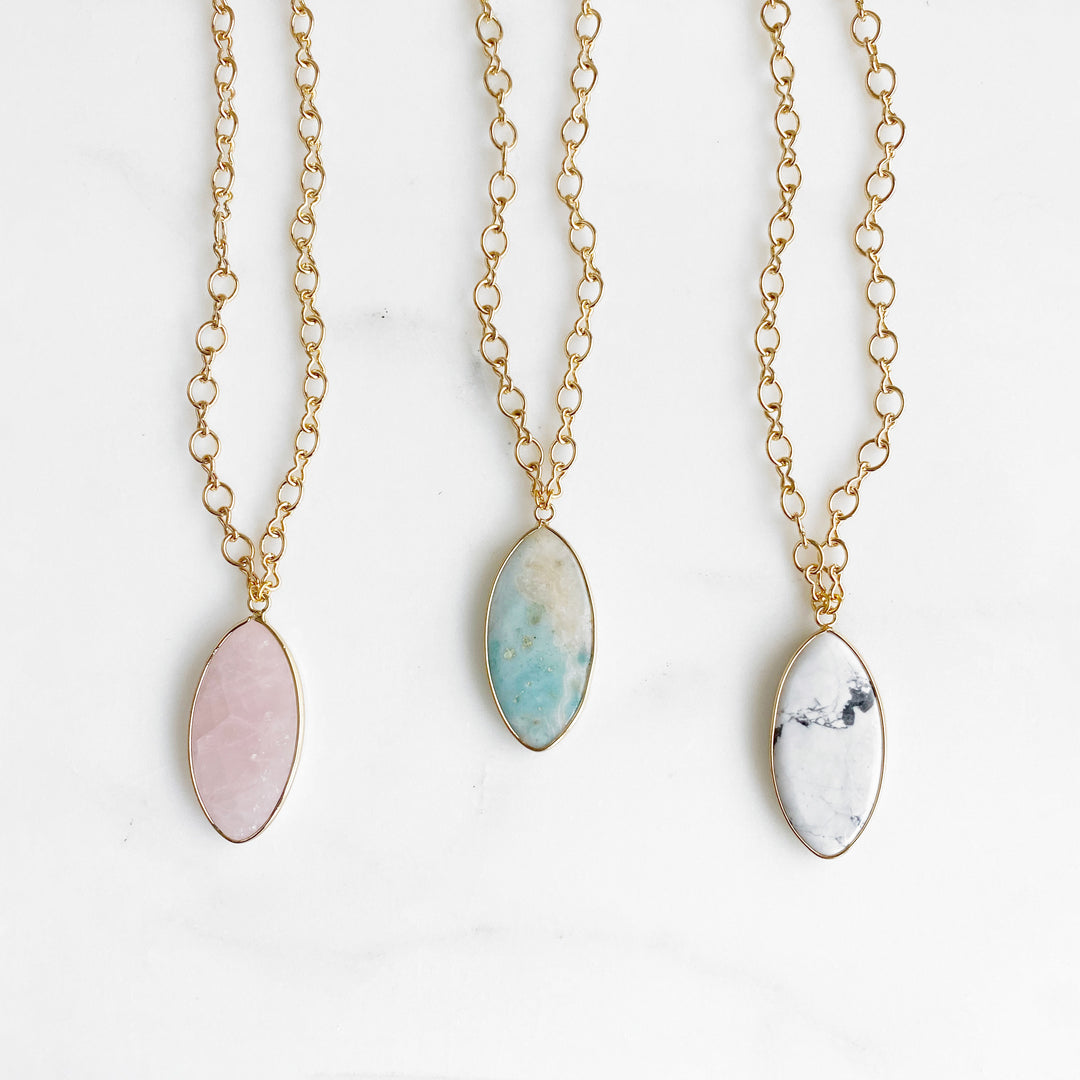 Chunky Gemstone Necklace in Gold. Rose quartz, Amazonite or White Turquoise