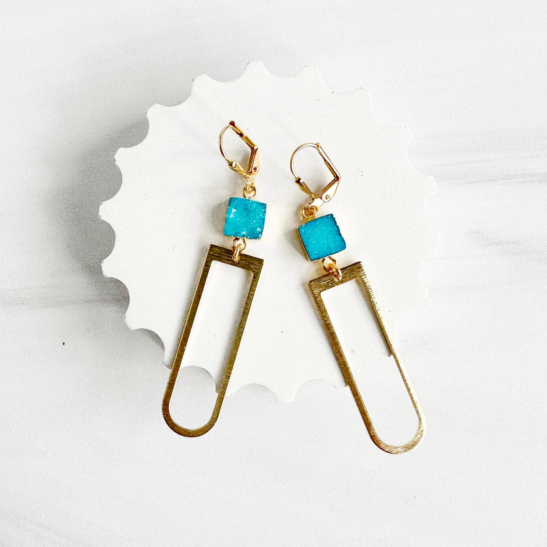Sky Blue Druzy and Horseshoe Dangle Earrings in Brushed Brass Gold