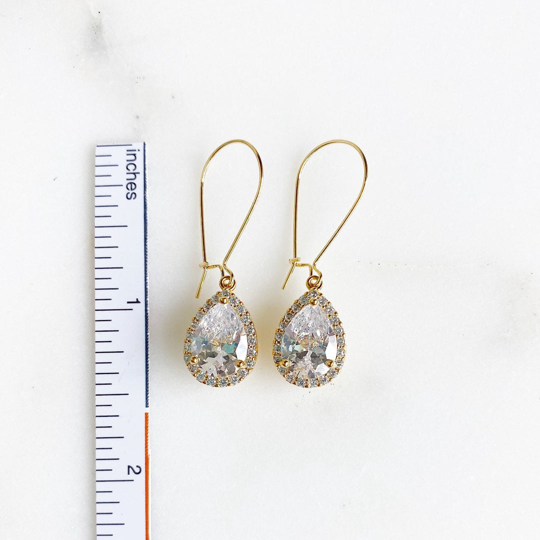 Simple Gold Bridal Drop Earrings. Cubic Zirconia Drops. Elegant Dangle Earrings