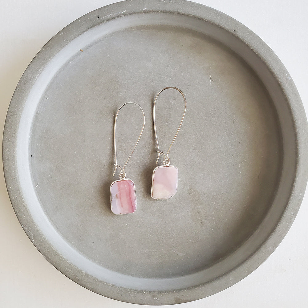 Freeform Pink Opal Gemstone Slice Drop Earrings in Silver