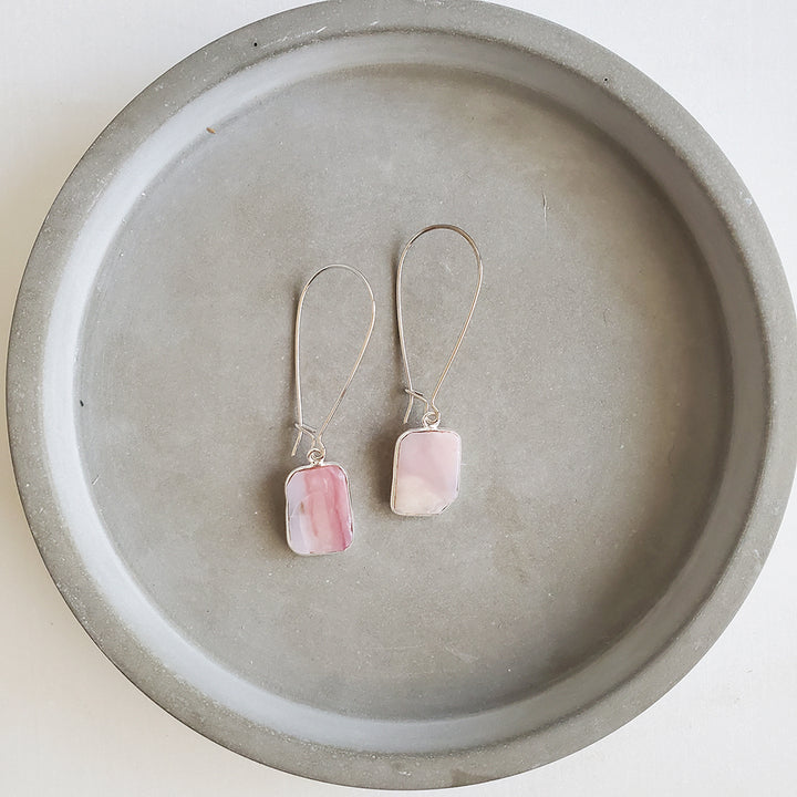 Freeform Pink Opal Gemstone Slice Drop Earrings in Silver