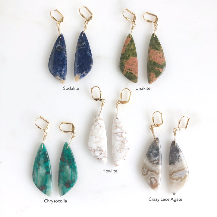 Unique Wing Shape Gemstone Earrings in Sodalite, Unakite, Chrysocolla, Howlite, and Crazy Lace Agate