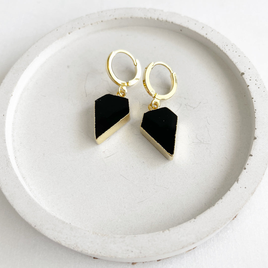 Dainty Black Onyx Diamond Stone Drop Earrings in Gold