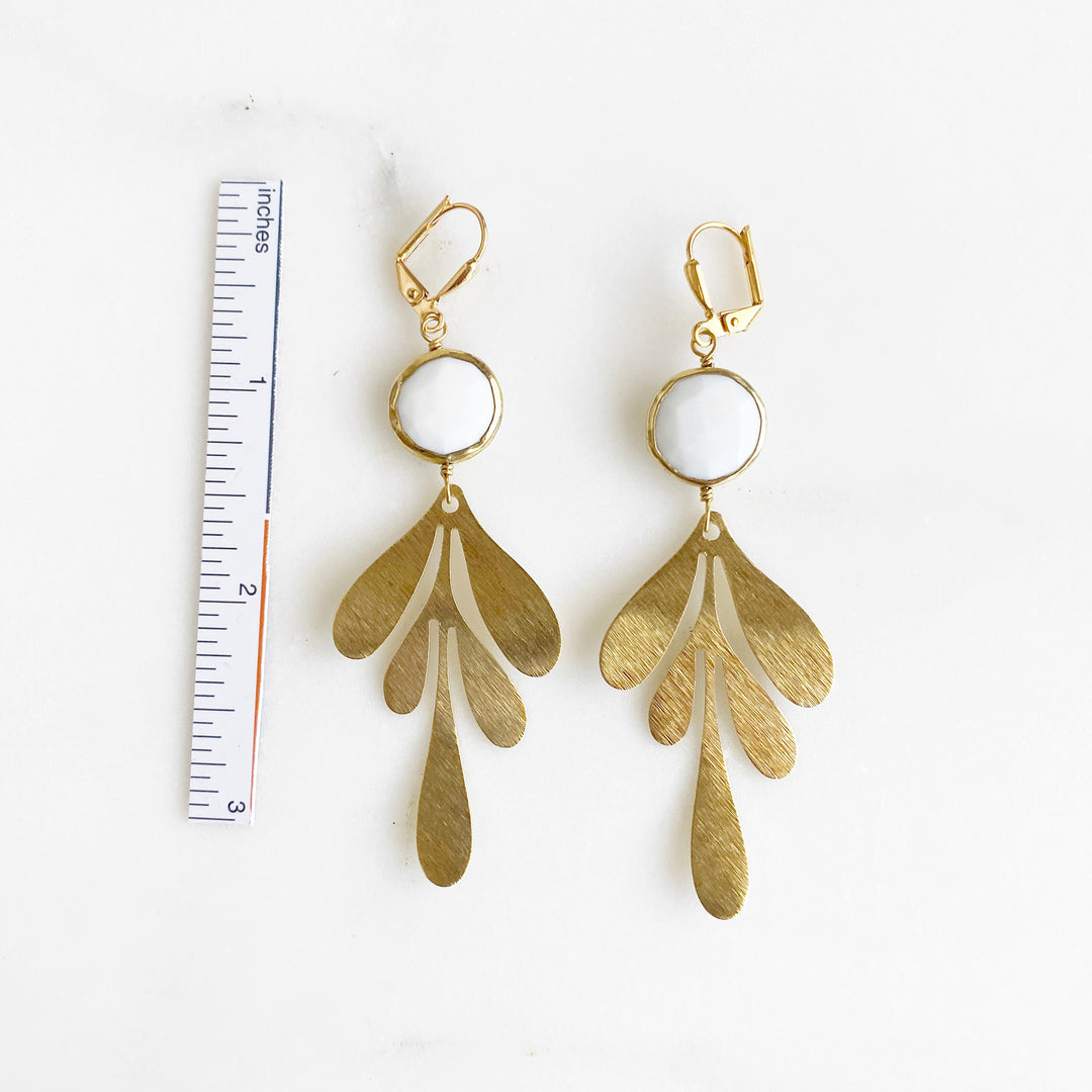 Gold Long Leaf Earrings with Gemstone Bezels