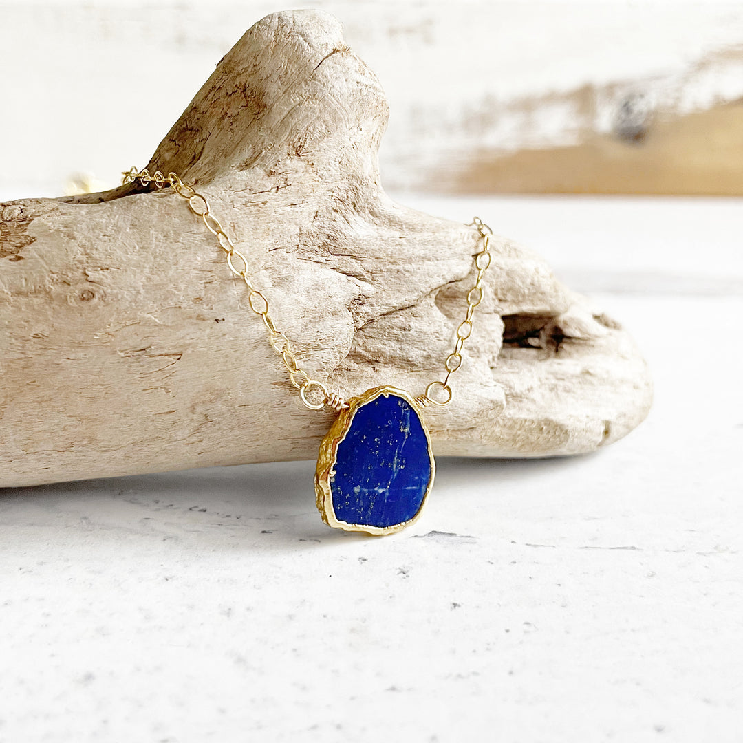 Lapis Gemstone Slice Necklace in Gold. Dainty Layering Necklace