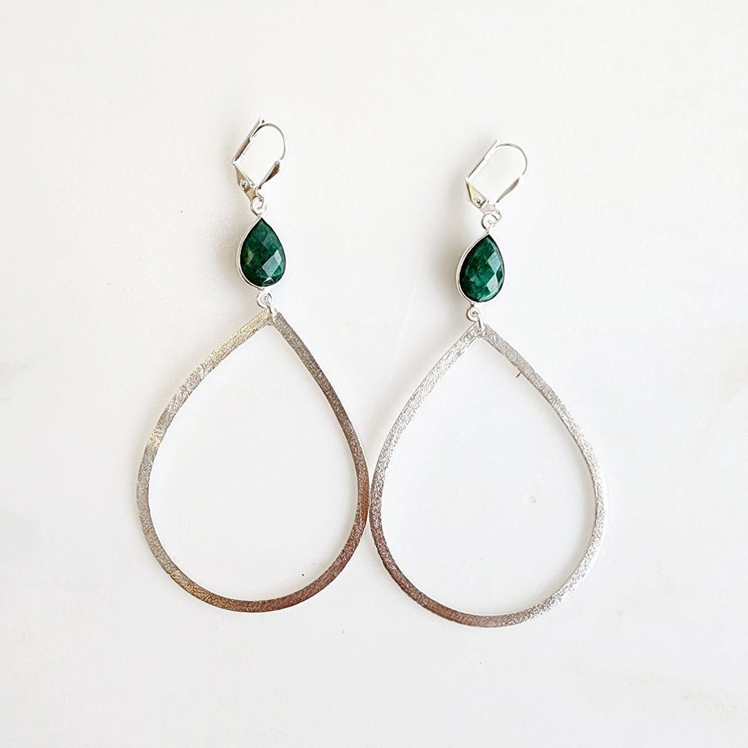 Black Onyx and Emerald Stone Teardrop Earrings in Brushed Silver