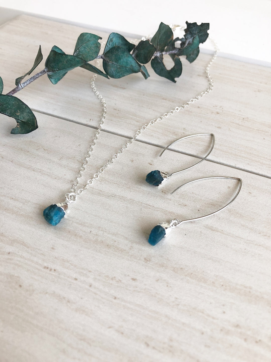 Dainty Tourmaline Set in Silver - Blue Teal Toned Tourmaline. Raw Stone Necklace and Earrings.