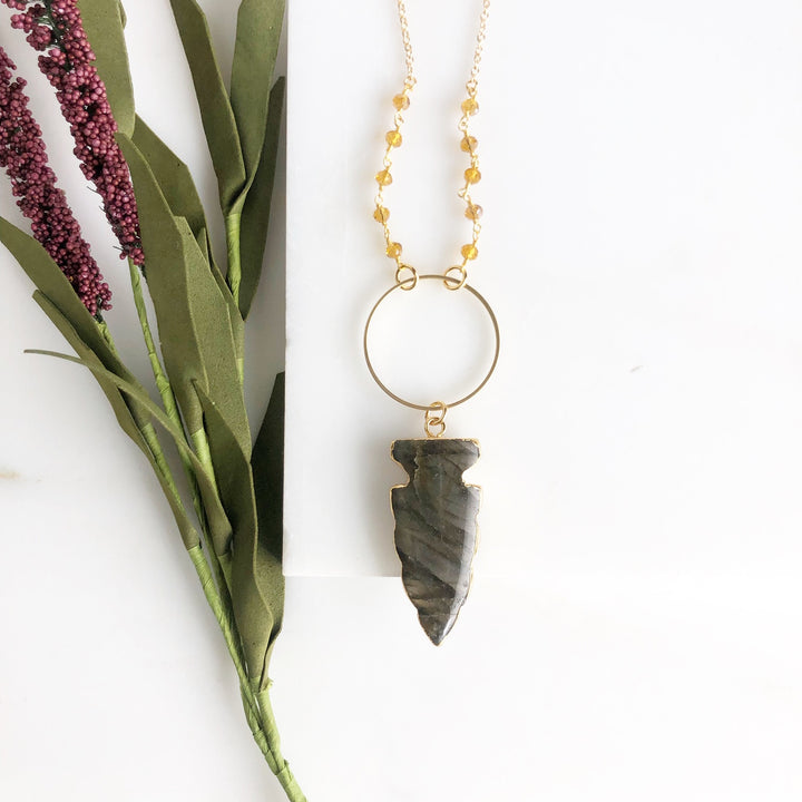 Long Gold Labradorite Arrow Necklace with Orange Accent Beading