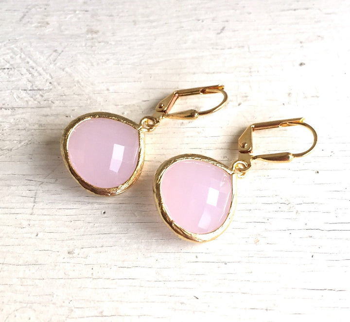 Simplicity Drop Earrings - Soft Pink Faceted Glass Teardrop in Gold. Simple Gold Earrings. Pink Fashion Earrings. Gift for Her.