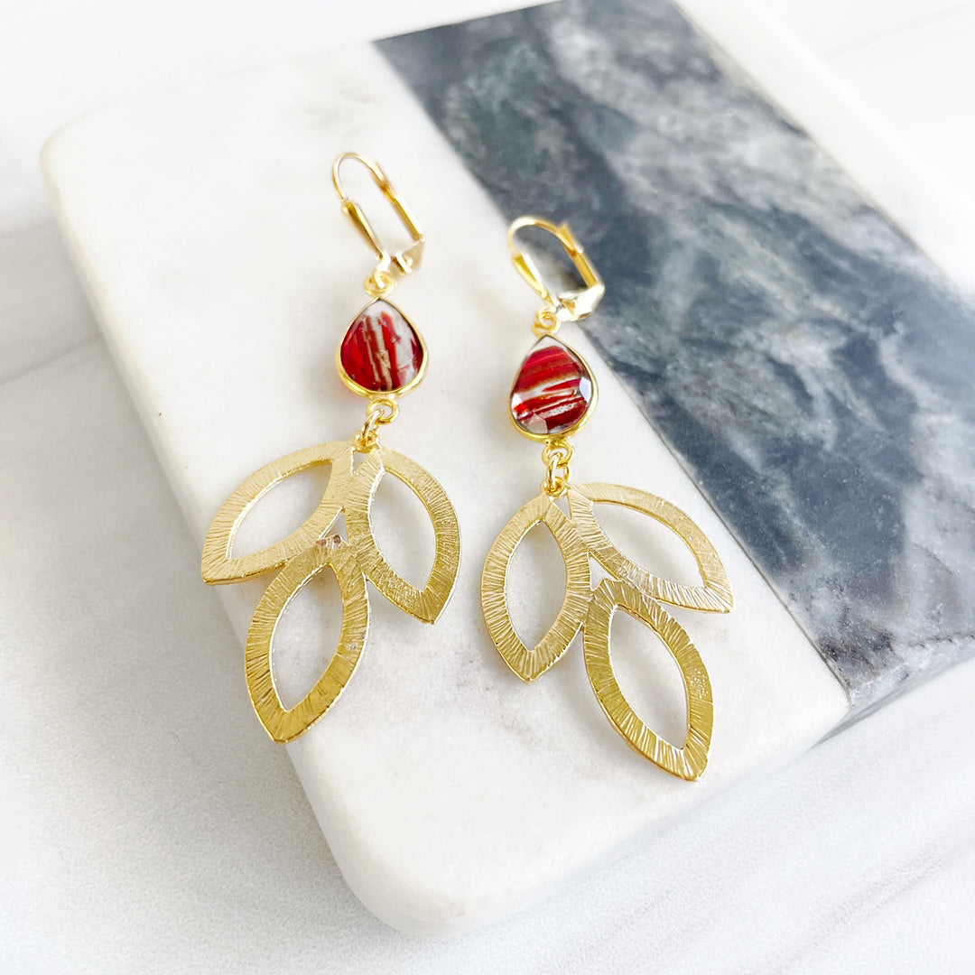 Red Stone Marquise Dangle Earrings in Gold. Red Holiday Earrings