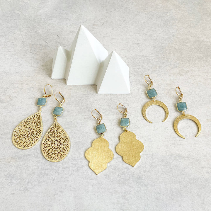 Aquamarine Fashion Dangle Earrings in Brushed Brass