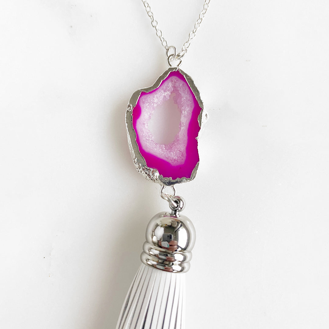 Pink Druzy Geode and White Tassel Necklace in Silver