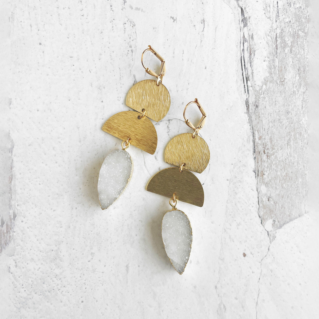 White Druzy Statement Earrings with Brushed Brass Accents