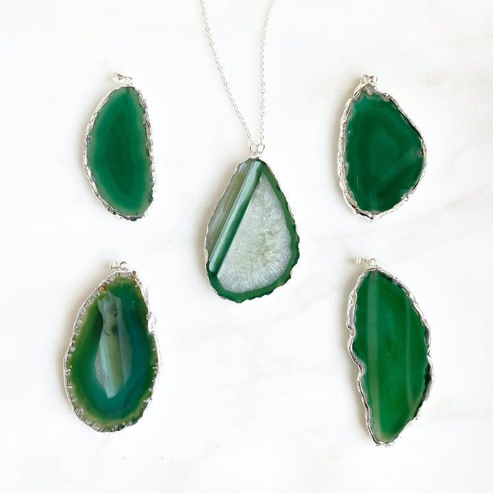 Long Green Crystal Geode Slice Necklace in Sterling Silver