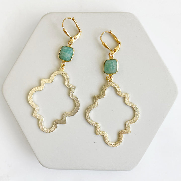 Gold Quatrefoil Statement Earrings with Amazonite