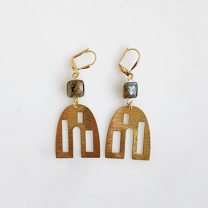 Labradorite with Domed Geometric Earrings in Brushed Brass Gold
