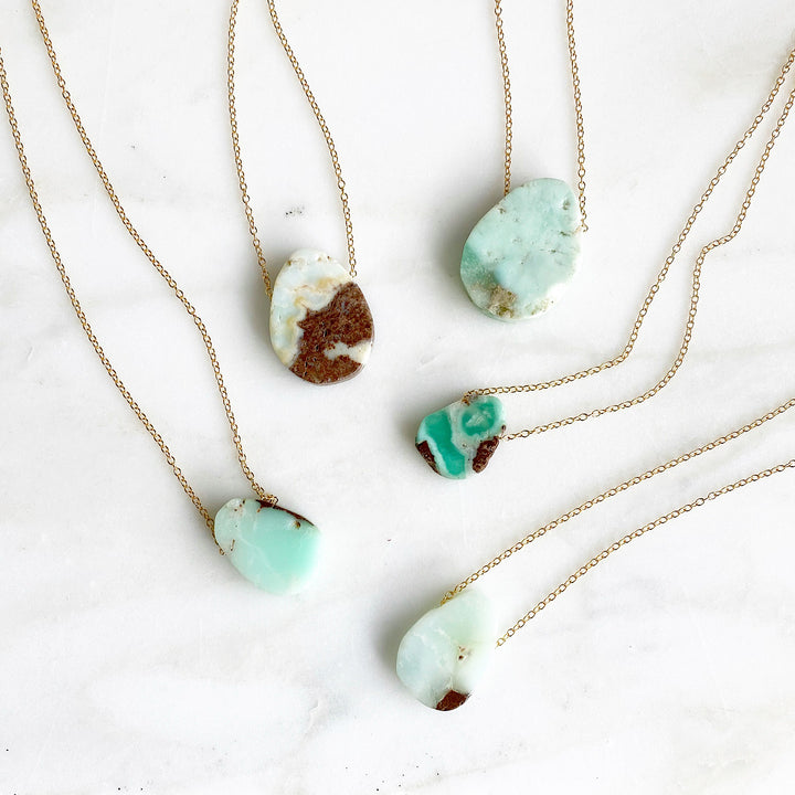 Floating Stone Necklace in Gold. Chrysoprase Stone Necklace. Australian Jade Necklace