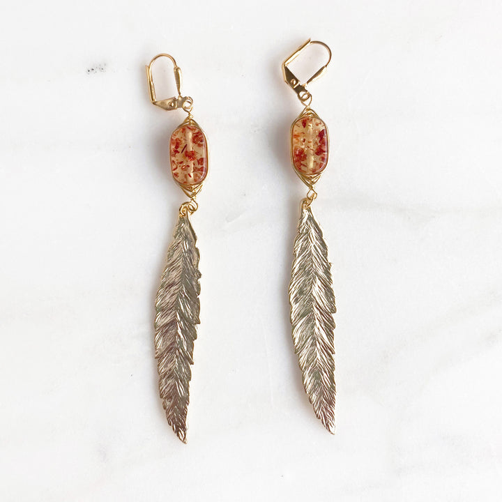 Boho Feather Earrings in Golden Fall Colors. Long Gold Feather Earrings. Boho Earrings