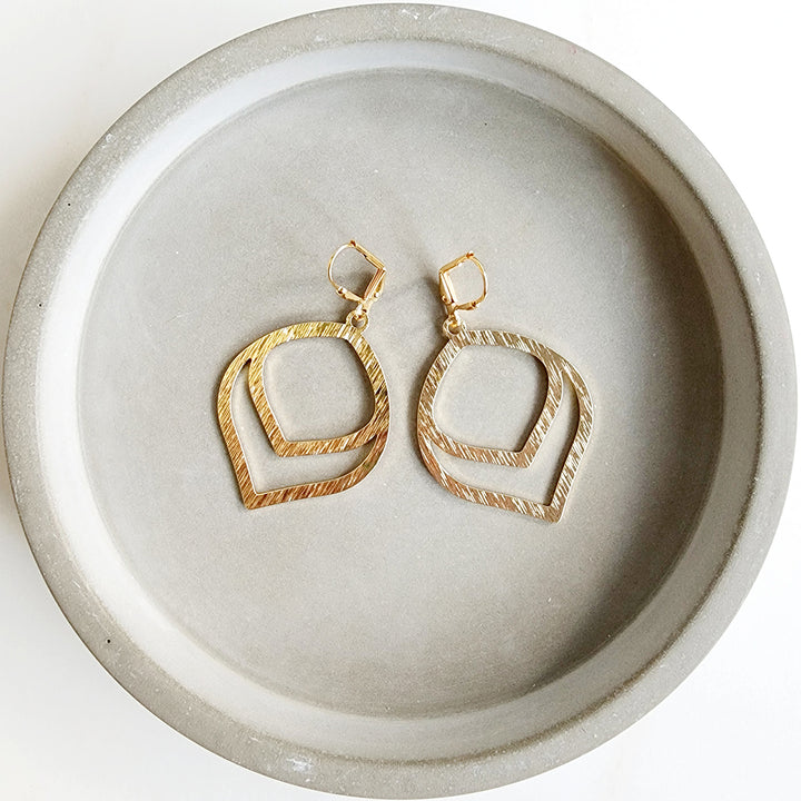 Double Teardrop Dangle Earrings in Brushed Brass Gold