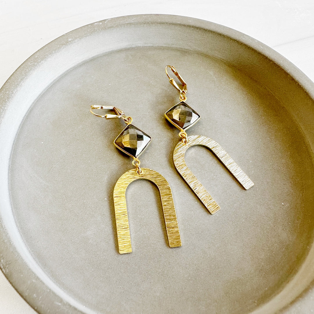 Horseshoe Dangle Earrings with Pyrite Stones in Brushed Brass Gold