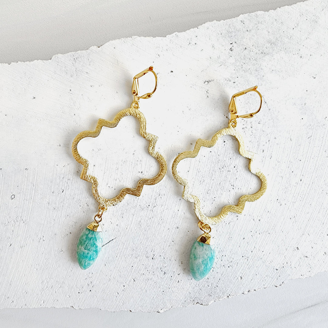 Quatrefoil Fashion Earrings with Marquise Stone in Brushed Brass Gold