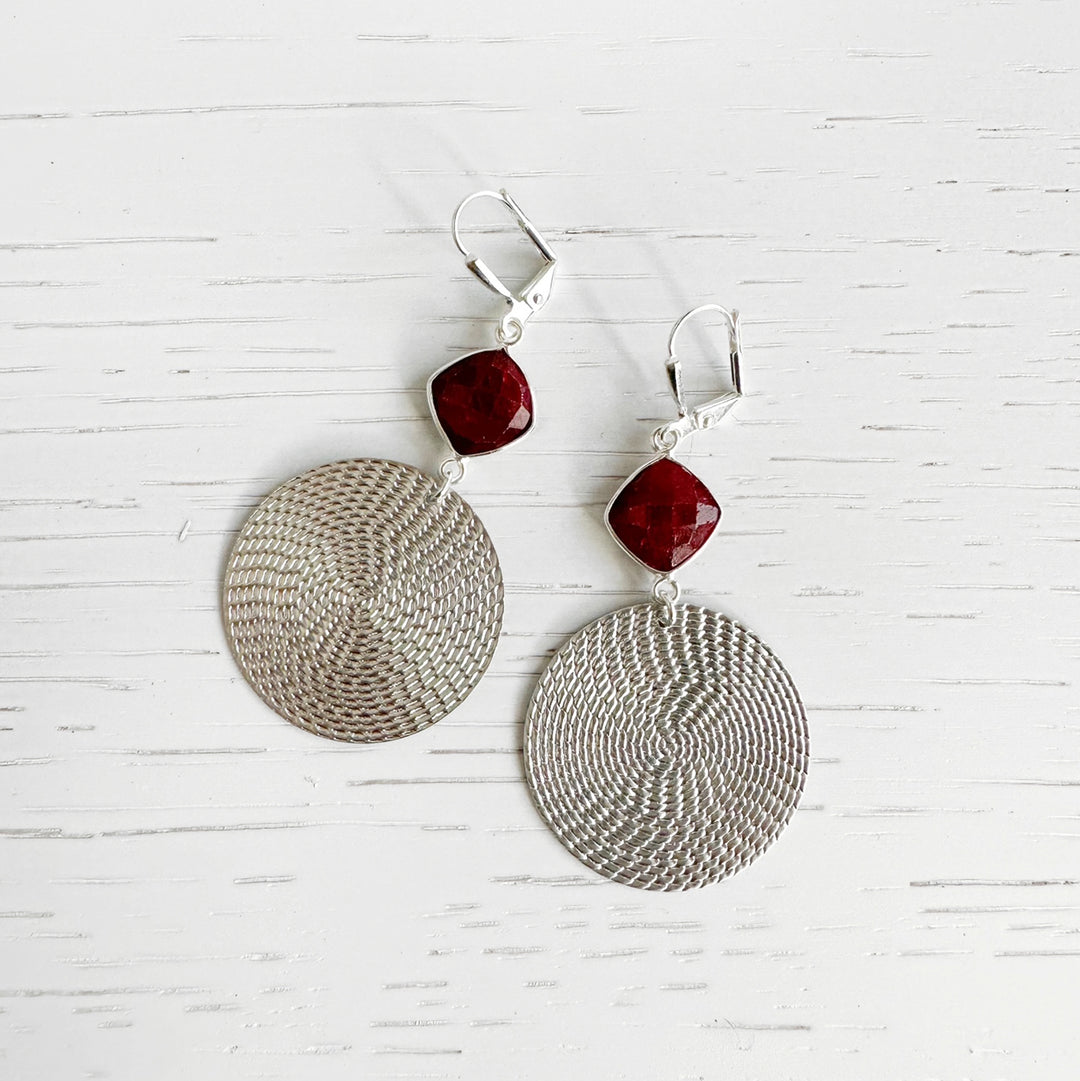 Ruby and Patterned Circle Pendant Earrings in Brushed Silver