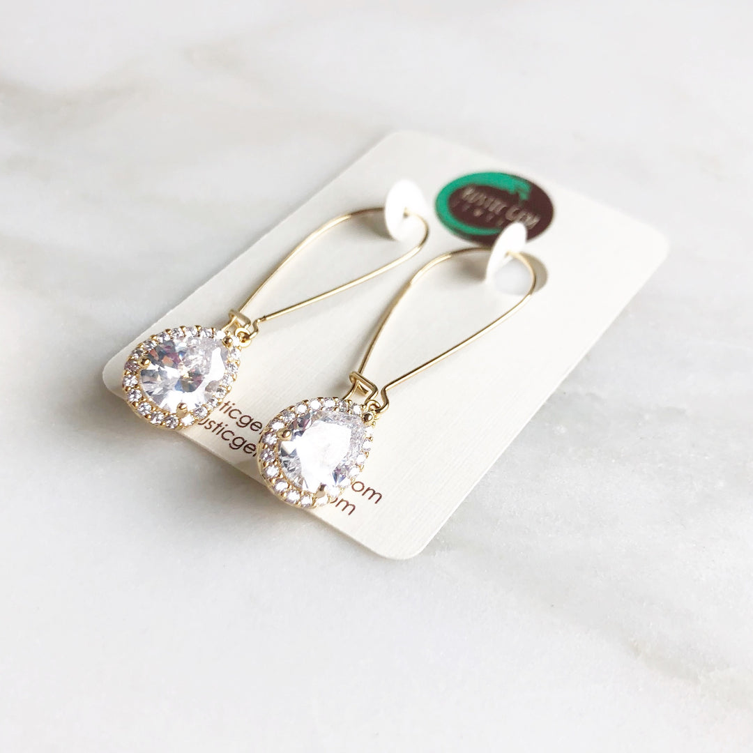 Simple Gold Drop Bridal Earrings. Cubic Zirconia Drop Dangle Earrings in Medium Size