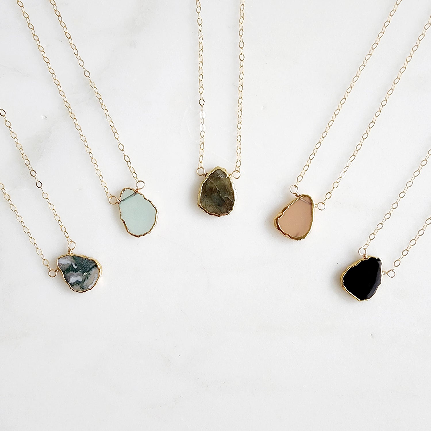 Gemstone Slice Necklaces in Gold. Layering Necklace. Aqua Chalcedony ...