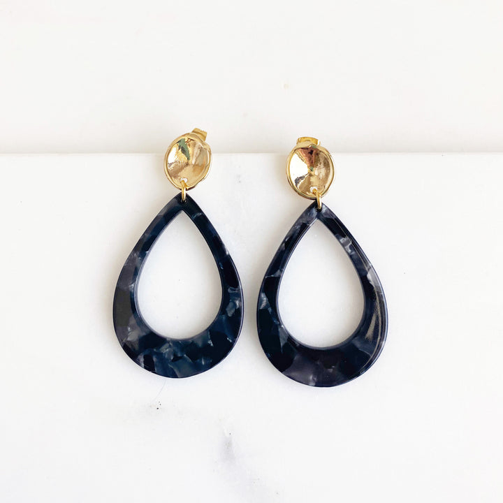 Large Black Acrylic Teardrop Statement Post Earrings in Gold