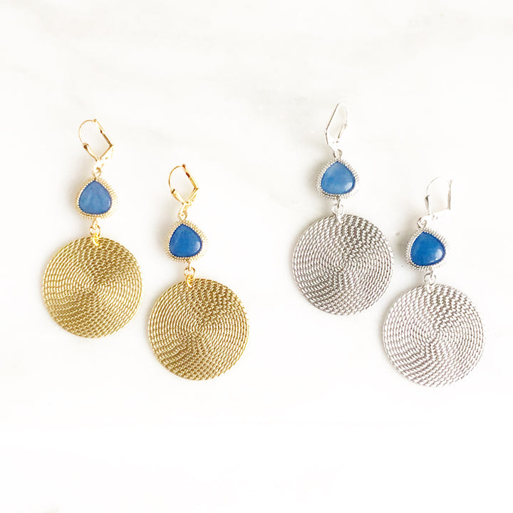 Statement Earrings with Blue Stones and Gold Cicrle Pendant. Silver or Gold