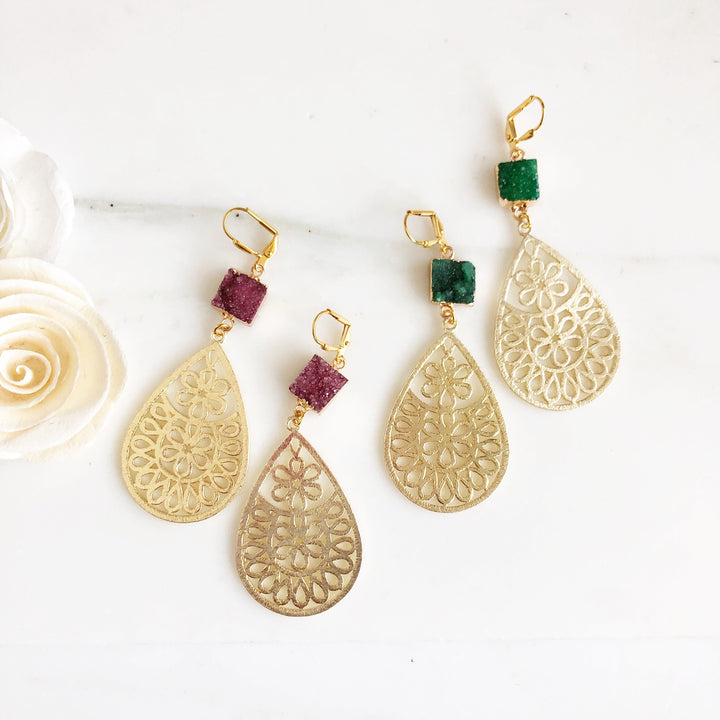 Gold Druzy Teardrop Statement Earrings. Red and Green Floral Dangle Earrings. Bold Modern Earrings.