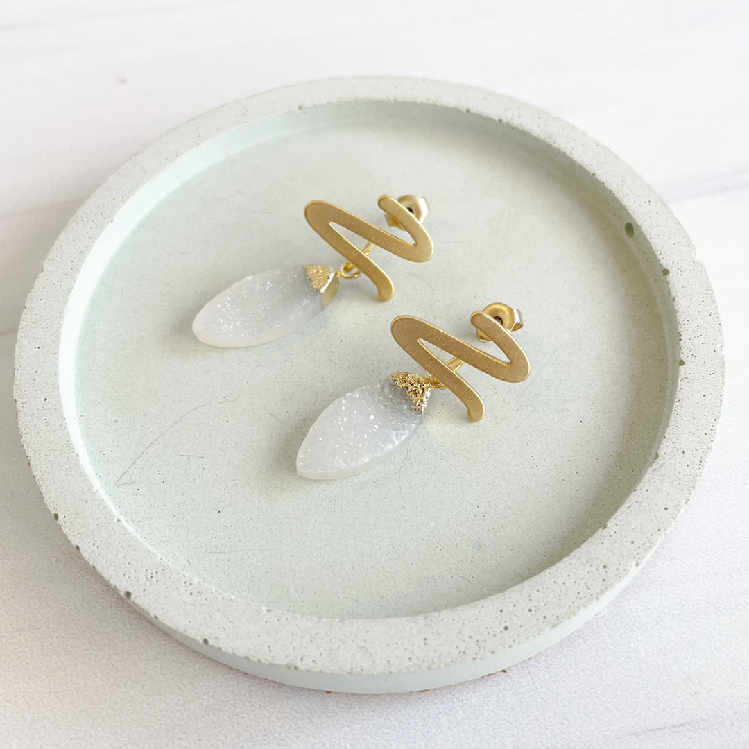 White Druzy Marquise Post Earrings in Gold