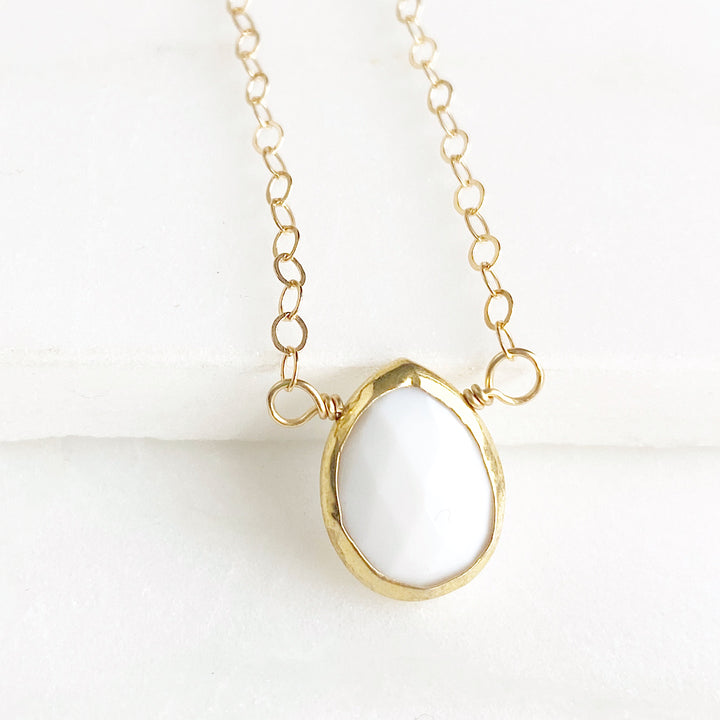 Dainty White Stone Teardrop Necklace. Sweet Tiny Milky White Quartz Necklace in Gold