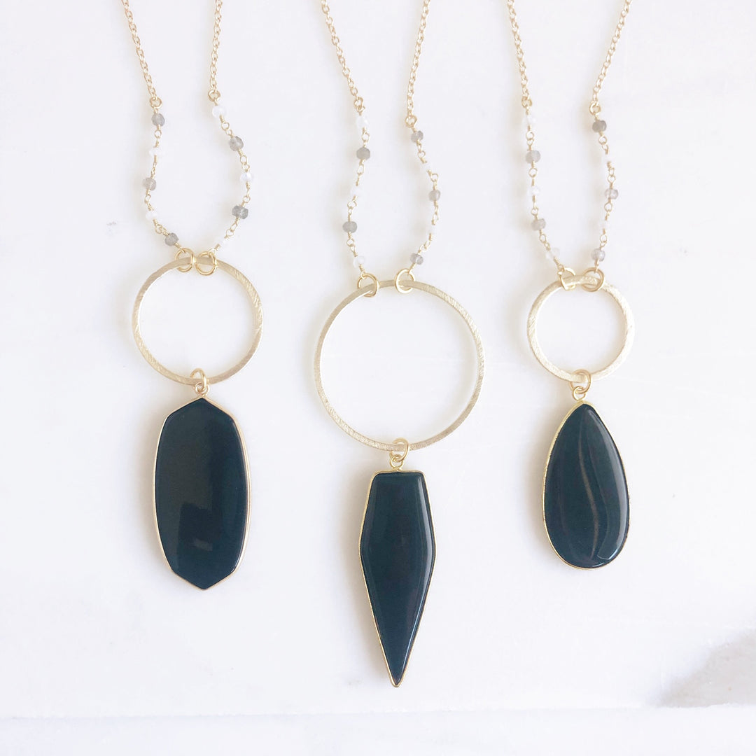 Long Black Stone Statement Necklace in Gold