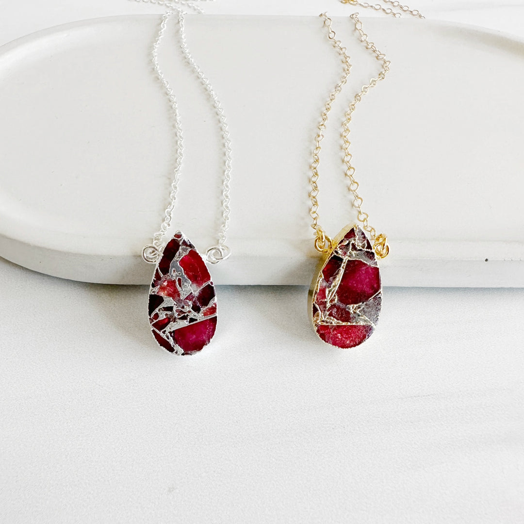 Fuchsia Mojave Teardrop Gemstone Slice Necklace in Gold and Silver